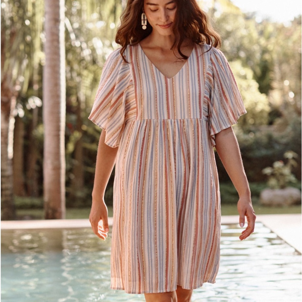 NWT Garnet Hill Lola Shimmering Metallic Gold Striped  Organic Cotton Dress - M